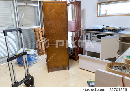 The kitchen of an old house that is being organized before demolition The kitchen of an old house that is being organized before demolition 81701256