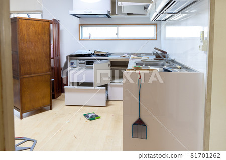 The kitchen of an old house that is being organized before demolition The kitchen of an old house that is being organized before demolition 81701262