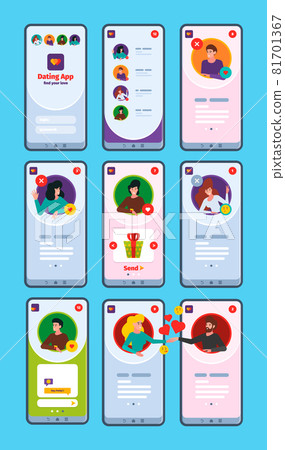 Ui dating apps. Virtual lovers smartphone chatting male and female characters web pages templates garish vector screens for smartphones Ui dating apps. Virtual lovers smartphone chatting male and female characters web pages templates garish vector screens for smartphones 81701367