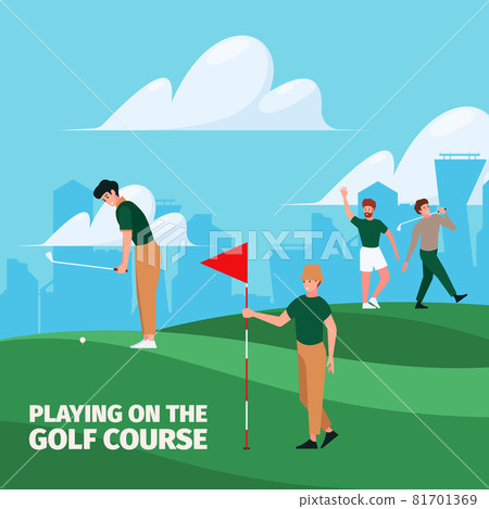 Golf background. Sport field action activities golfiest beats with golf stick to ball garish vector flat illustration Golf background. Sport field action activities golfiest beats with golf stick to ball garish vector flat illustration 81701369