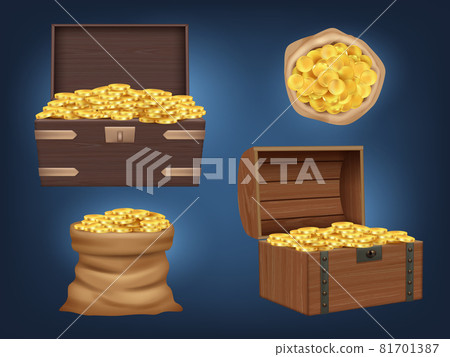 Gold chest. Realistic sack and wooden pirate chest with treasures old vintage case full of money golden coins decent vector illustrations set isolated 81701387