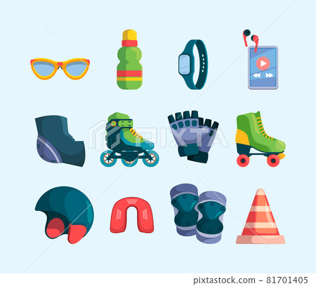 Roller park. Skateboard rollers gloves helmet action activities for urban teenagers garish vector flat pictures set Roller park. Skateboard rollers gloves helmet action activities for urban teenagers garish vector flat pictures set 81701405