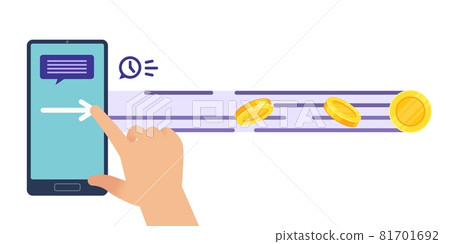 Instant, fast money transfer. Human hands holding smartphone safe and easy payment app, sending gold coins, online purchase, financial or banking vector cartoon isolated concept 81701692