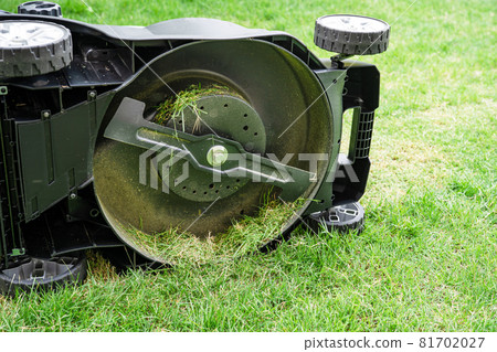 Blade in lawn mower machine cut green grass, Hobby planting home garden. Blade in lawn mower machine cut green grass, Hobby planting home garden. 81702027