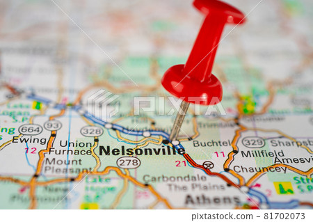Bangkok, Thailand, June 1, 2020 Nelsonville, Ohio, road map with red pushpin, city in the United States of America USA. Bangkok, Thailand, June 1, 2020 Nelsonville, Ohio, road map with red pushpin, city in the United States of America USA. 81702073