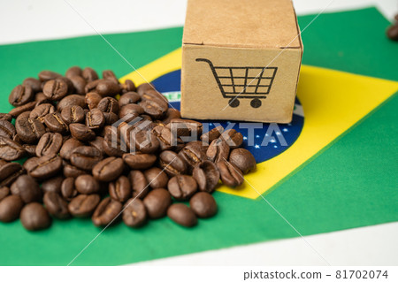 Coffee beans on Brazil flag; import export drink food concept. flag, import export drink food concept. Coffee beans on Brazil flag; import export drink food concept. flag, import export drink food concept. 81702074