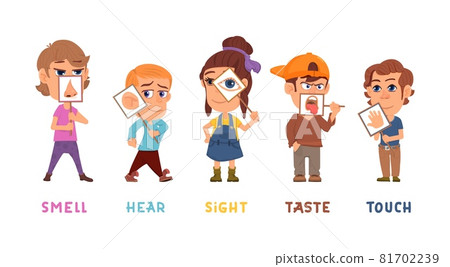 Five senses. Kids sense, taste hear sight smell touch organs. Children holding medicine banner with sensory system, isolated cartoon decent vector concept