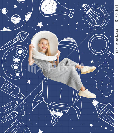 Contemporary art collage of little girl in role of astronaut over blue background. Concept of online education 81703651
