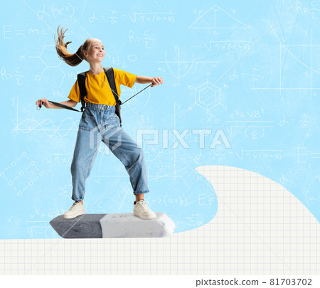 Contemporary art collage of little schoolgirl surfing on eraser. Online geometry lesson Contemporary art collage of little schoolgirl surfing on eraser. Online geometry lesson 81703702