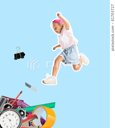Contemporary art collage of little school girl jumping into study tools isolated over blue background 81703727