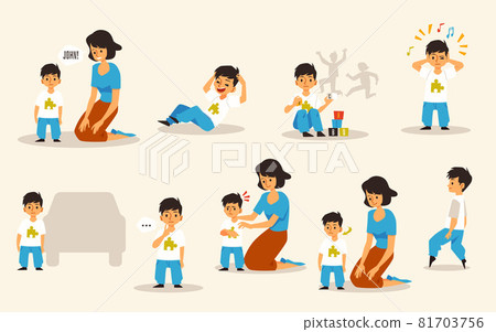 Set of mother and child with autism disorder, flat vector illustration isolated. 81703756