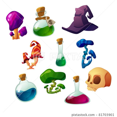Witch magic stuff and potion ingredients set, flat vector illustration isolated. Witch magic stuff and potion ingredients set, flat vector illustration isolated. 81703901