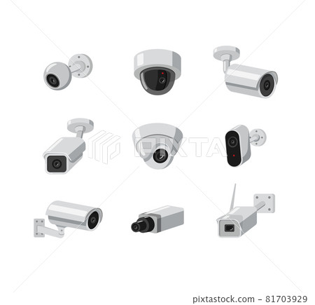 A set of different indoor and outdoor security cameras, surveillance systems. A set of different indoor and outdoor security cameras, surveillance systems. 81703929