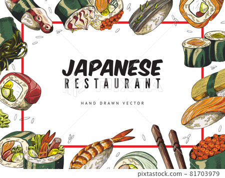 Japanese restaurant banner with hand drawn sushi, sketch vector illustration. Japanese restaurant banner with hand drawn sushi, sketch vector illustration. 81703979