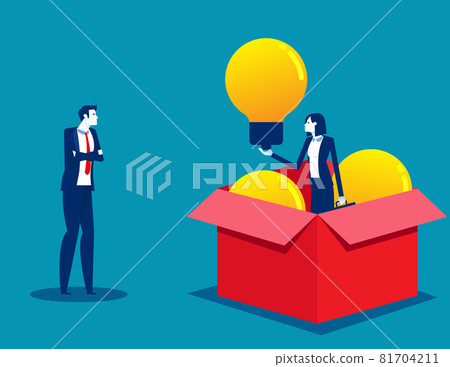 Successful business person holds idea lightbulb. Open cardboard box 81704211