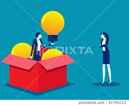 Successful business person holds idea lightbulb. Open cardboard box 81704212