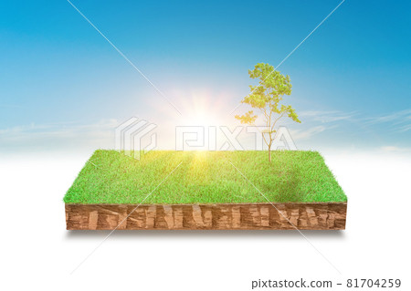 3d illustration of cubical soil slice, green grass with trees floating over sky cloud background. 3d illustration of cubical soil slice, green grass with trees floating over sky cloud background. 81704259