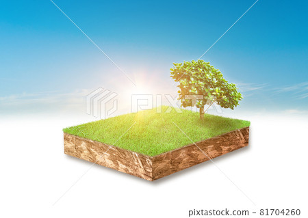 3d illustration of cubical soil slice, green grass with trees floating over sky cloud background. 3d illustration of cubical soil slice, green grass with trees floating over sky cloud background. 81704260