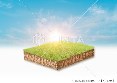 3d illustration of cubical soil slice, green grass floating over sky cloud background. 3d illustration of cubical soil slice, green grass floating over sky cloud background. 81704261