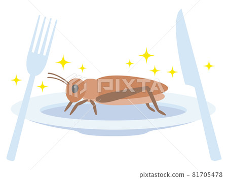 Illustration of edible crickets on a plate as an insect food 81705478