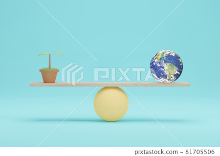 Earth globe vs seedlings on scales, 3D illustration. Ecology and costs balance concept 81705506