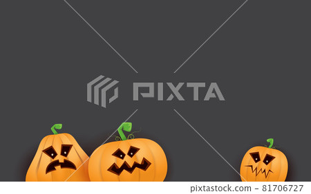 Halloween Horizontal web Banner or poster with Halloween scary pumpkins isolated on grunge grey wall background. Funky kids Halloween background with space for text and funny pumpkins 81706727