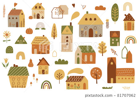 Fall city. Autumn city. Cute autumn house kit. Cottage houses isilated graphic elements. Childish houses. Cartoon village in fall season. Vector illustration. City landscape set rainbow tree, pumpkin. Fall city. Autumn city. Cute autumn house kit. Cottage houses isilated graphic elements. Childish houses. Cartoon village in fall season. Vector illustration. City landscape set rainbow tree, pumpkin. 81707062