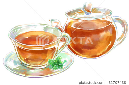 帶透明玻璃茶壺和薄荷的茶杯的水彩插圖 81707488