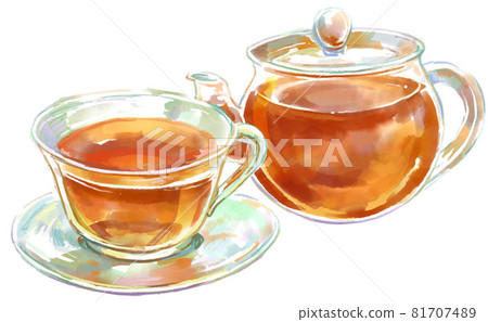 透明玻璃茶壺和茶杯的水彩插圖 81707489