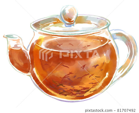 Watercolor illustration of a transparent glass teapot with tea leaves Watercolor illustration of a transparent glass teapot with tea leaves 81707492