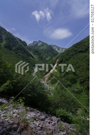 S-grade slope on the route to Okuhotakadake, one of Japan's 100 famous mountains, in summer from Kamikochi in the Japanese Alps in Matsumoto City, Nagano Prefecture S-grade slope on the route to Okuhotakadake, one of Japan's 100 famous mountains, in summer from Kamikochi in the Japanese Alps in Matsumoto City, Nagano Prefecture 81708127