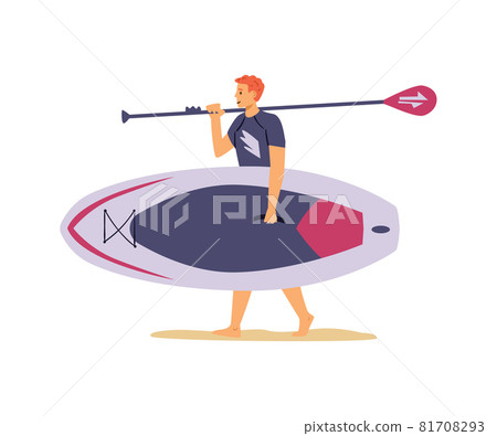 Man carrying wide paddle board and paddle, flat vector illustration isolated. Man carrying wide paddle board and paddle, flat vector illustration isolated. 81708293