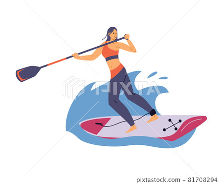 Woman rowing standing on wide paddle board, flat vector illustration isolated. 81708294