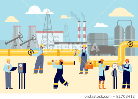 Workers in helmets and uniforms at oil production plant. Vector flat cartoon illustration of factory staff characters on background of buildings and pipes. 81708418