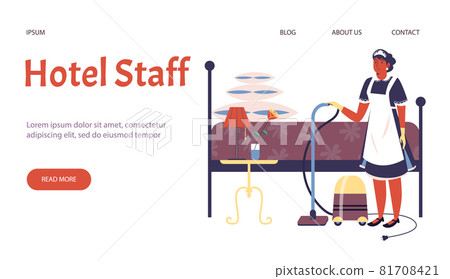 Web template with text hotel staff and maid with vacuum cleaner and bed. Vector illustration for landing of hotel. Web template with text hotel staff and maid with vacuum cleaner and bed. Vector illustration for landing of hotel. 81708421