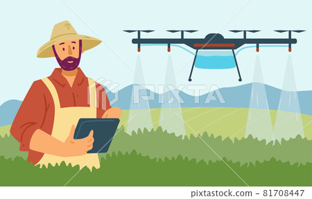 Vector flat illustration of smart farming using digital technologies and drones to automate irrigation of agriculture. Farmer controls quadcopter from tablet and irrigates field. Vector flat illustration of smart farming using digital technologies and drones to automate irrigation of agriculture. Farmer controls quadcopter from tablet and irrigates field. 81708447