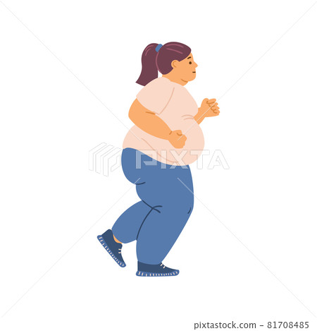 Overweight obese woman running, flat vector illustration on white background. 81708485