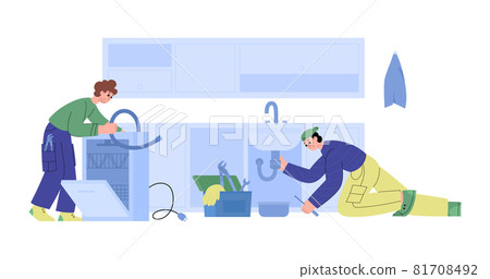 Plumbers repair plumbing and kitchen equipment, vector illustration isolated. Plumbers repair plumbing and kitchen equipment, vector illustration isolated. 81708492
