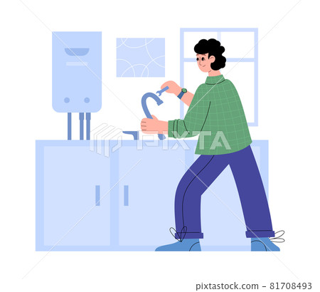 Plumber repairs broken faucet in kitchen, flat vector illustration isolated. Plumber repairs broken faucet in kitchen, flat vector illustration isolated. 81708493