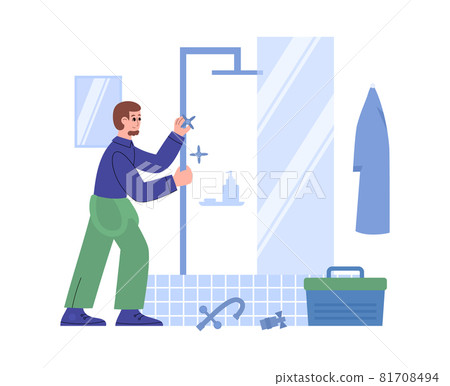 Plumber fixing broken pipes in bathroom, flat vector illustration isolated. Plumber fixing broken pipes in bathroom, flat vector illustration isolated. 81708494