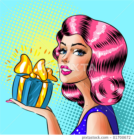 Vector retro pop art woman holding gift box Vector retro pop art woman holding gift box 81708672
