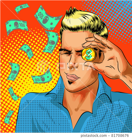 Vector pop art businessman looking at gold dollar coin Vector pop art businessman looking at gold dollar coin 81708676