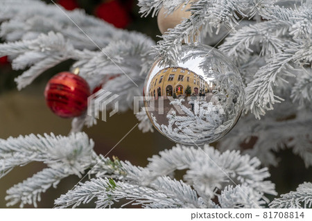 reflection of street and buildings on the ball of noel tree reflection of street and buildings on the ball of noel tree 81708814