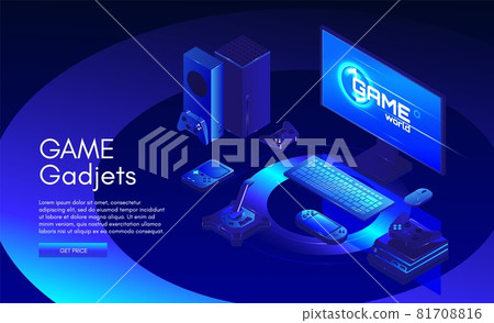 Game gadgets web banner template. Gamers equipment. Game console, controller, computer, vector isometric illustration. 81708816