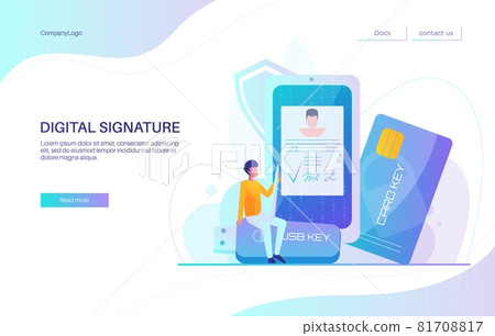 Digital signature landing page design, website banner vector template. Businessman signing electronic document on mobile 81708817