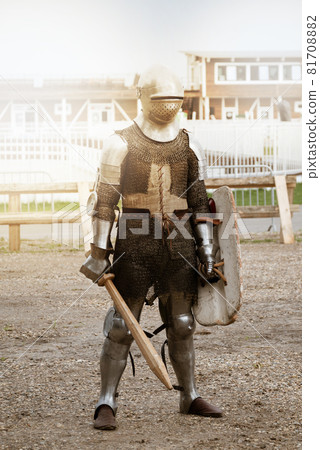 Medieval knight in full heavy armor on tournament Medieval knight in full heavy armor on tournament 81708882