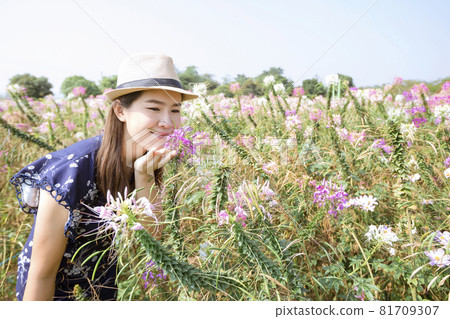 Beautiful woman relaxing in a beautiful flower field watching the sunset. 81709307