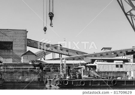 Industrial port, black and white photo with cranes Industrial port, black and white photo with cranes 81709629