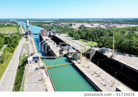 Aerial of a Lake Freighter entering lock in the Welland Canal, Canada 81710038