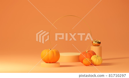 3d layout Halloween scene with product podium on orange background. Pumpkins stage with display podium. Autumn 3d design template for banner, advertisement mockup for Halloween or Thanksgiving 81710297